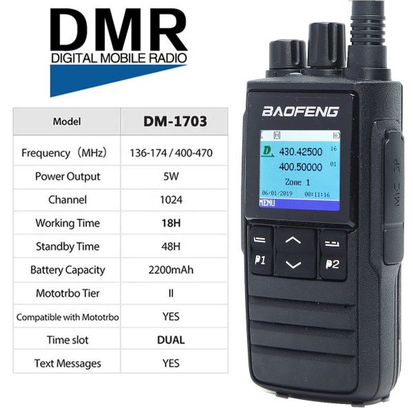 Baofeng DMR DM-1703 Walkie Talkie VHF UHF Dual Band Compatible with Motorola Dual Time Slot Tier 1&2 Digital/Analog Radio - Image 2