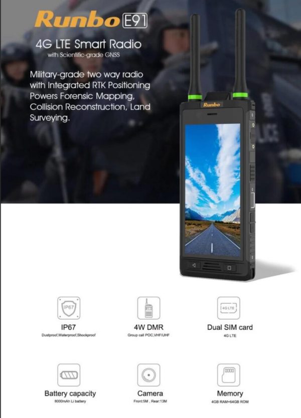 Runbo E91 UHF DMR GNSS RTK Receiver for surveying and mapping rugged smartphone Two way radio - Image 4