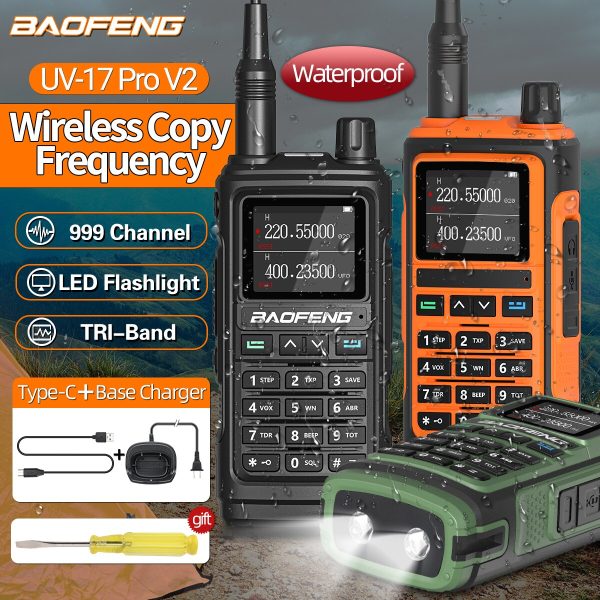 Baofeng UV 17 Pro V2 Wireless Copy Frequency Walkie Talkie 16 KM Long Range Waterproof Flashlight Type-C Charger Ham Radio UV 5R