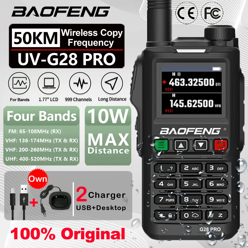 2024 Baofeng UV-G28 PRO 10W Walkie Talkie Long Range Portable Four Band Ham FM Radio UHF VHF USB-C Charge 2-Way Radio Waterproof