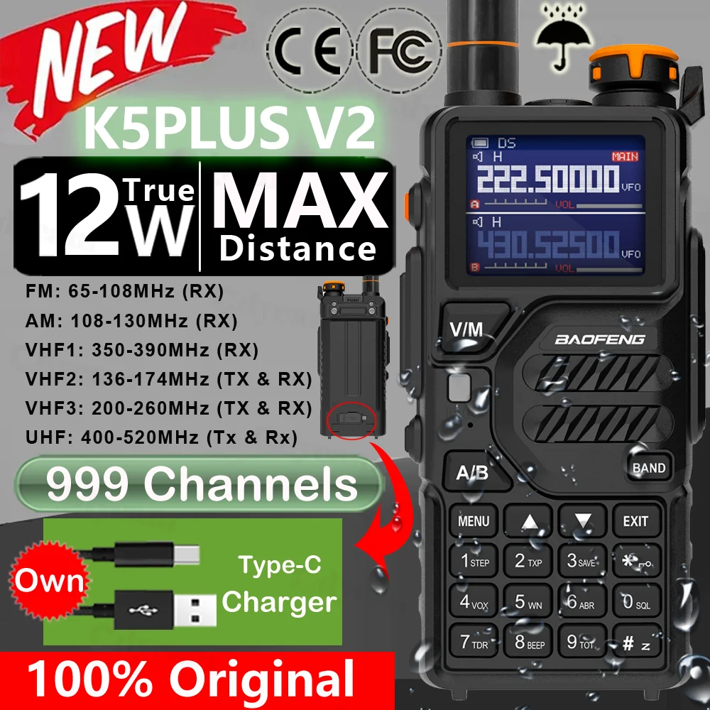 2024 Baofeng UV-K5 Plus 12W AM FM Two Way Radio BF-K5plus Full Band LCD 999CH Frequency Copy NOAA Noise Reduce