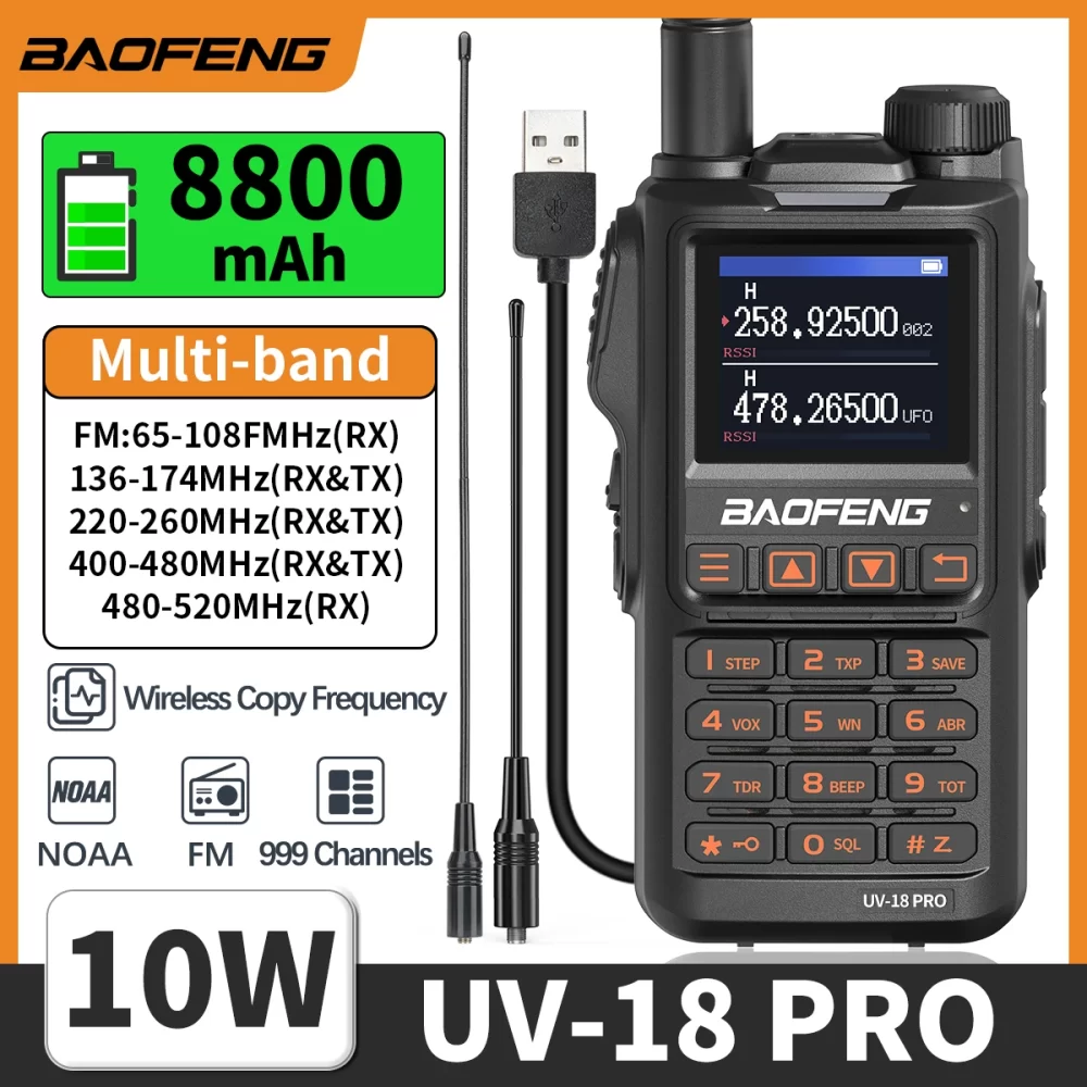 BaoFeng UV-18 PRO Multi Band 10W Portable Transceiver Wireless Copy Frequency Type-C Long Range NOAA 999CH Ham Two Way Radio