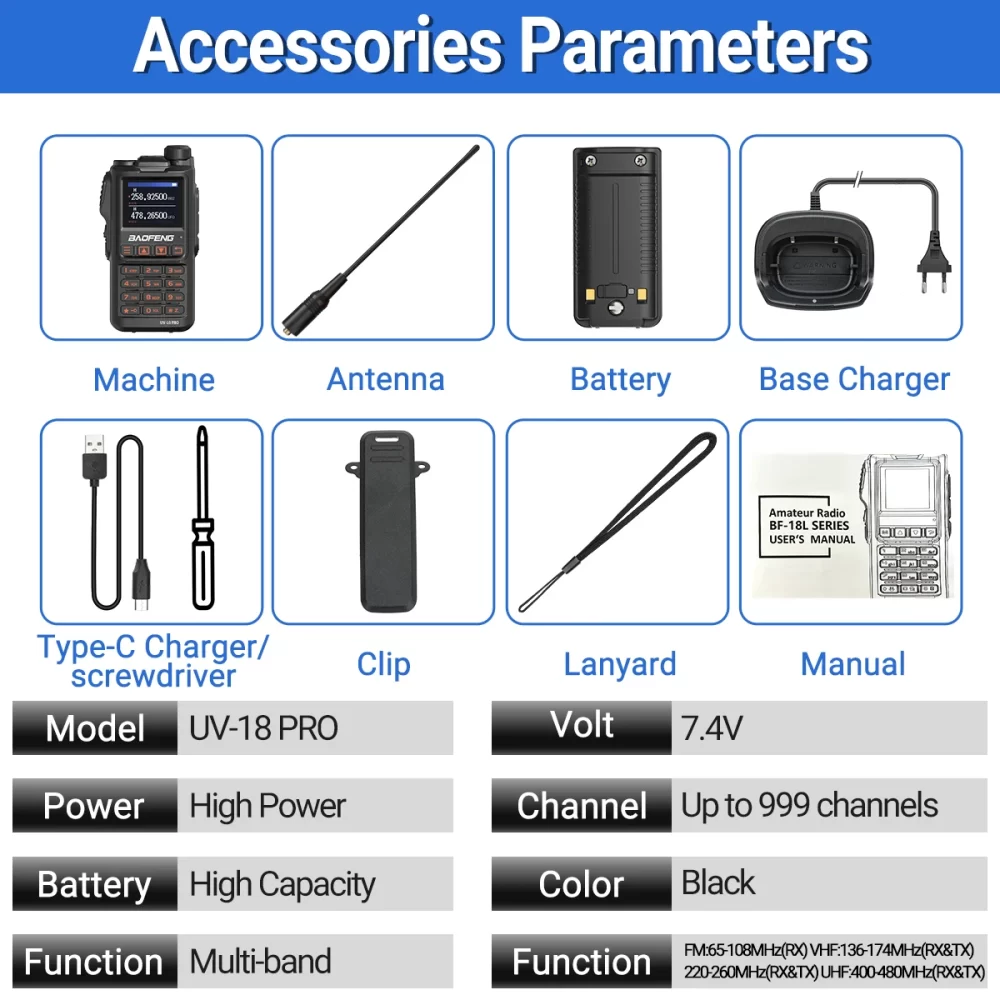 BaoFeng UV-18 PRO Multi Band 10W Portable Transceiver Wireless Copy Frequency Type-C Long Range NOAA 999CH Ham Two Way Radio - Image 6