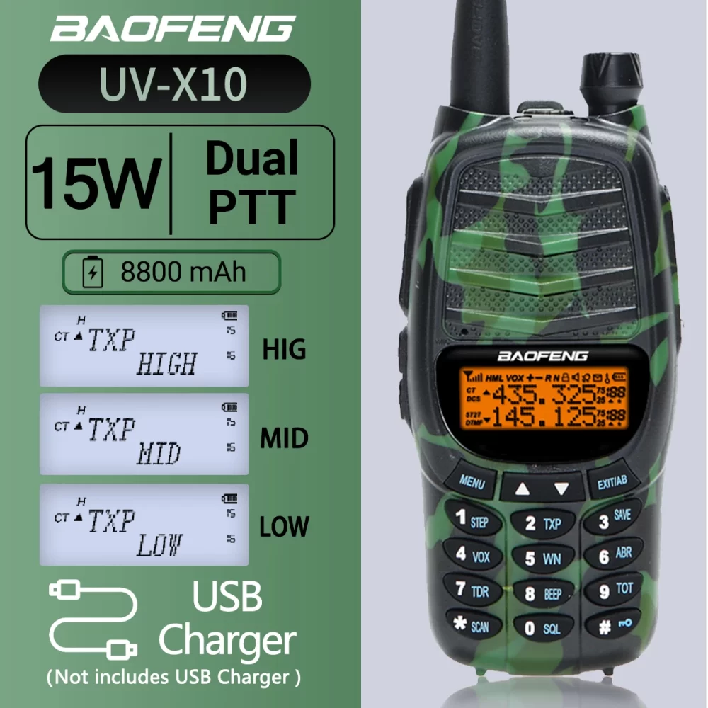 Baofeng UV-X10 15W Tri-power Dual Band Long Range 16 KM High Power Upgrade UV-5R CB USB Charger Ham Two Way Radio