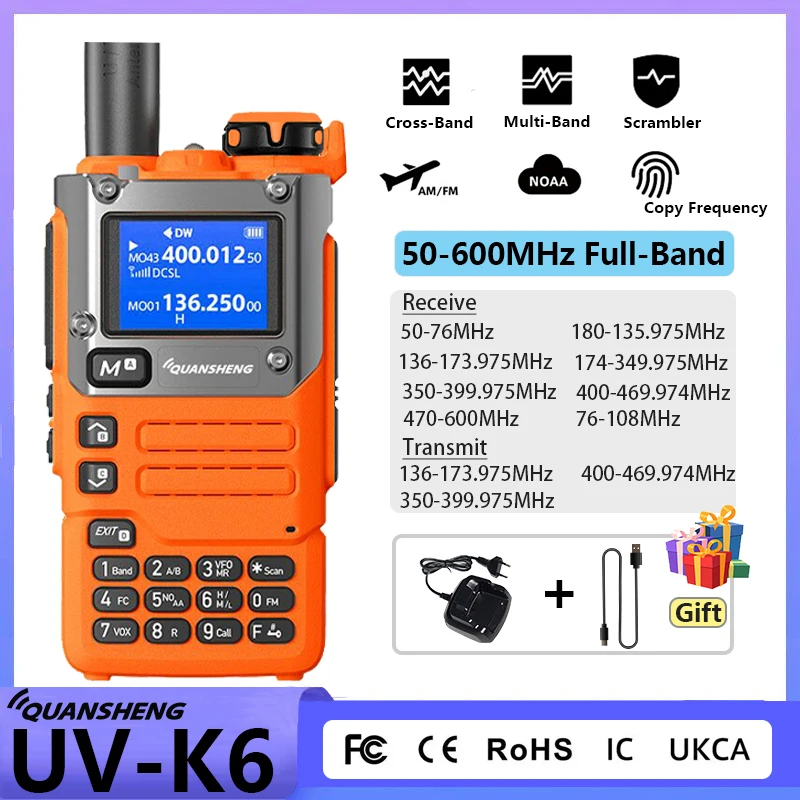 Orange Quansheng UV-K6 Air Band 50-600MHz Full Band Receiving DTMF Scrambler NOAA Wireless Frequency UV-K58 AM FM Ham Radio