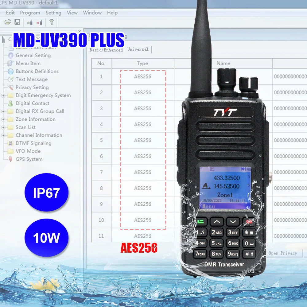 TYT MD-UV390 PLUS 10W IP67 Dual Band DMR Radio VHF/UHF Digital Walkie Talkie Advanced Encryption AES256 Amateur Radio