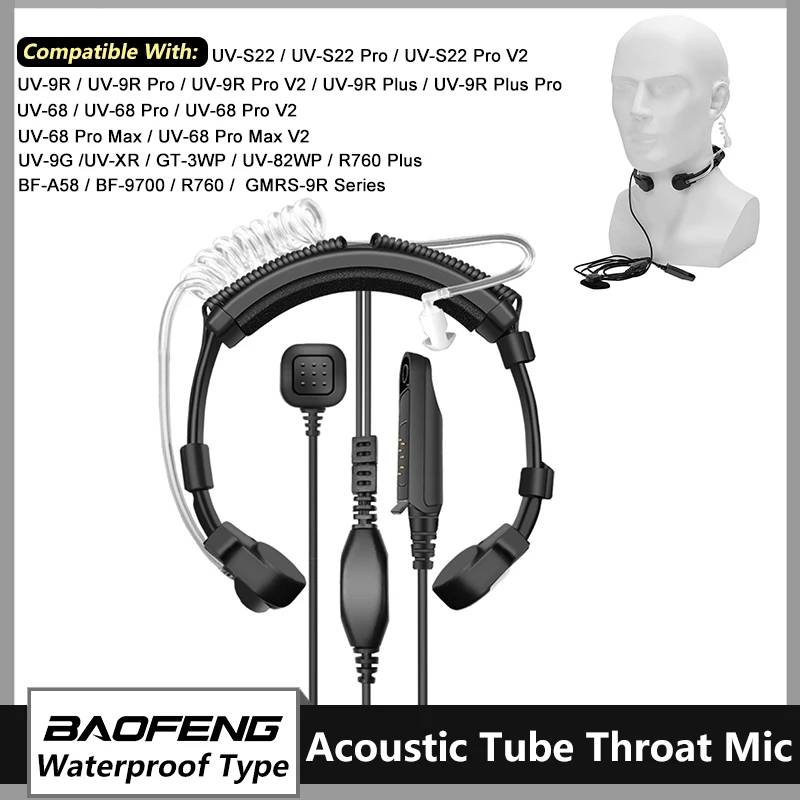 Adjustable Throat Mic Baofeng UV-9RPro V2 Walkie Talkies Earpiece UV-68Pro Max Acoustic Tube Headset For UV9R UV-S22 UV-68 Radio
