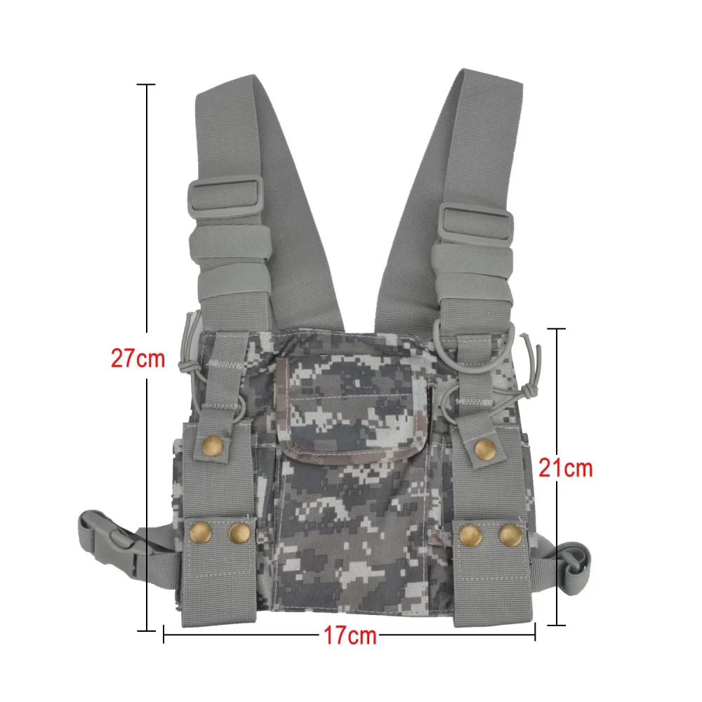 Universal Walkie Talkie Chest Pack with Adjustable Strap, Two Pen Holders, One Velcro-secured Pouch Black/Camouflage Color - Image 5