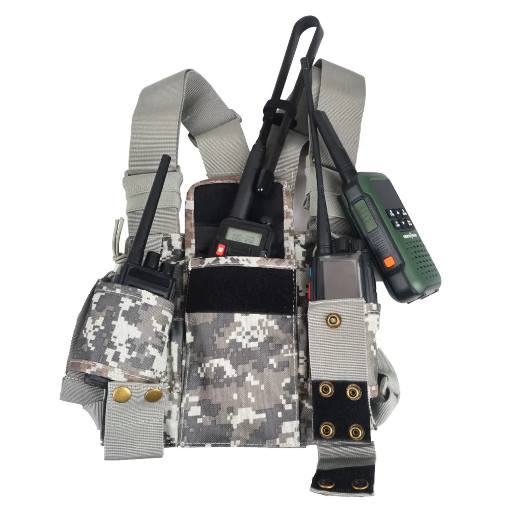 Universal Walkie Talkie Chest Pack with Adjustable Strap, Two Pen Holders, One Velcro-secured Pouch Black/Camouflage Color