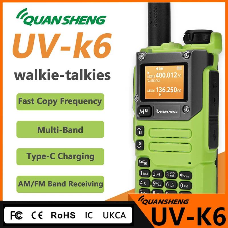 Quansheng UV-K6 Walkie Talkie 5W Green Air Band Type C Charge UHF VHF DTMF FM 50-600MHz NOAA Wireless Frequency Two Way CB Radio