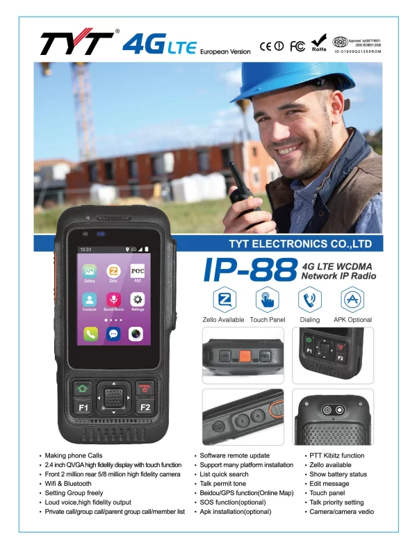 TYT IP-88 4G LTE POC Zello Walkie Talkie Sim Card Network IP Radio