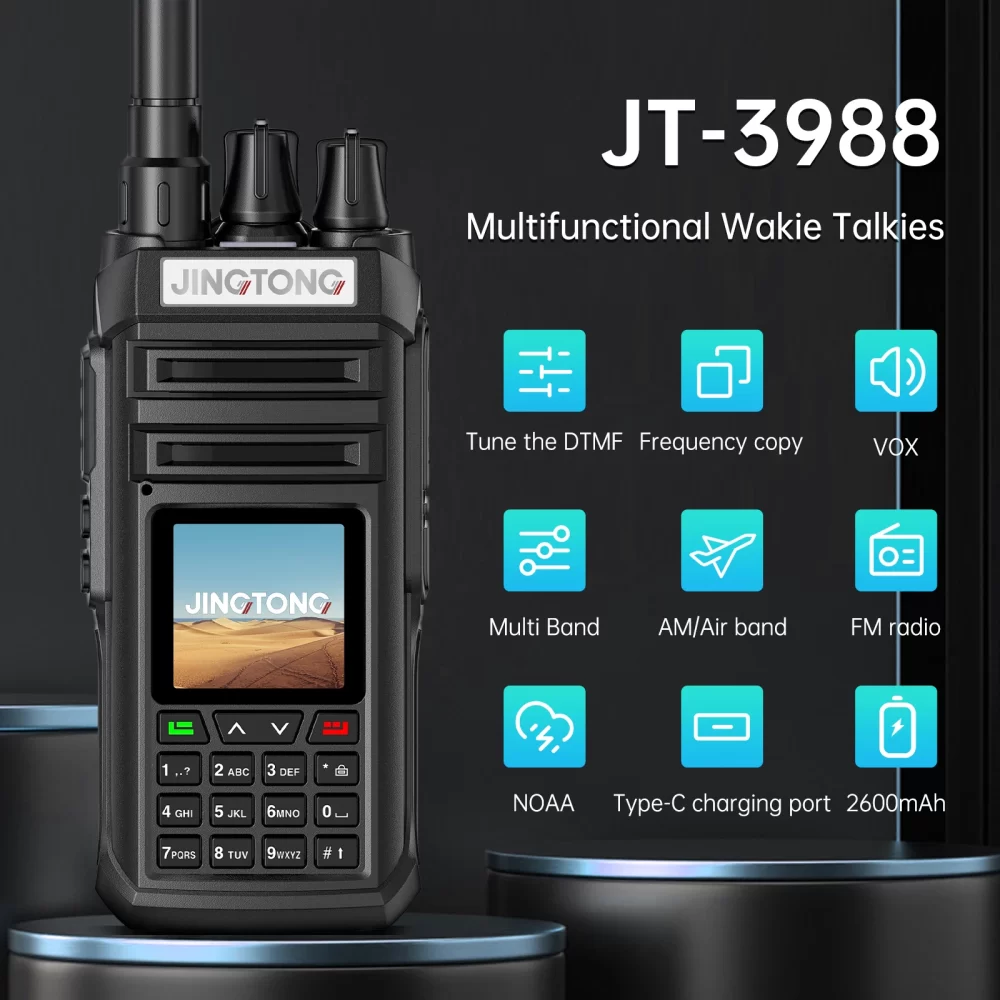 Jingtong JT-3988 Multi Band Walkie Talkie 10W Air Band Radio NOAA Wireless Frequency Tyep-C Charge U/VHF DTMF Portable FM Scrambler