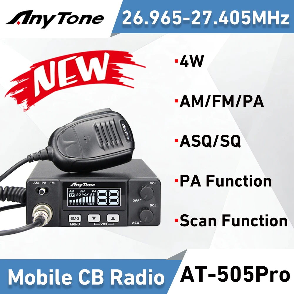 New Anytone AT-505Pro CB Mobile Radio 26.965-27.405MHz 4W 40Channels AM/FM/PA Scan Function ASQ/SQ/VOX Car Walkie Talkie