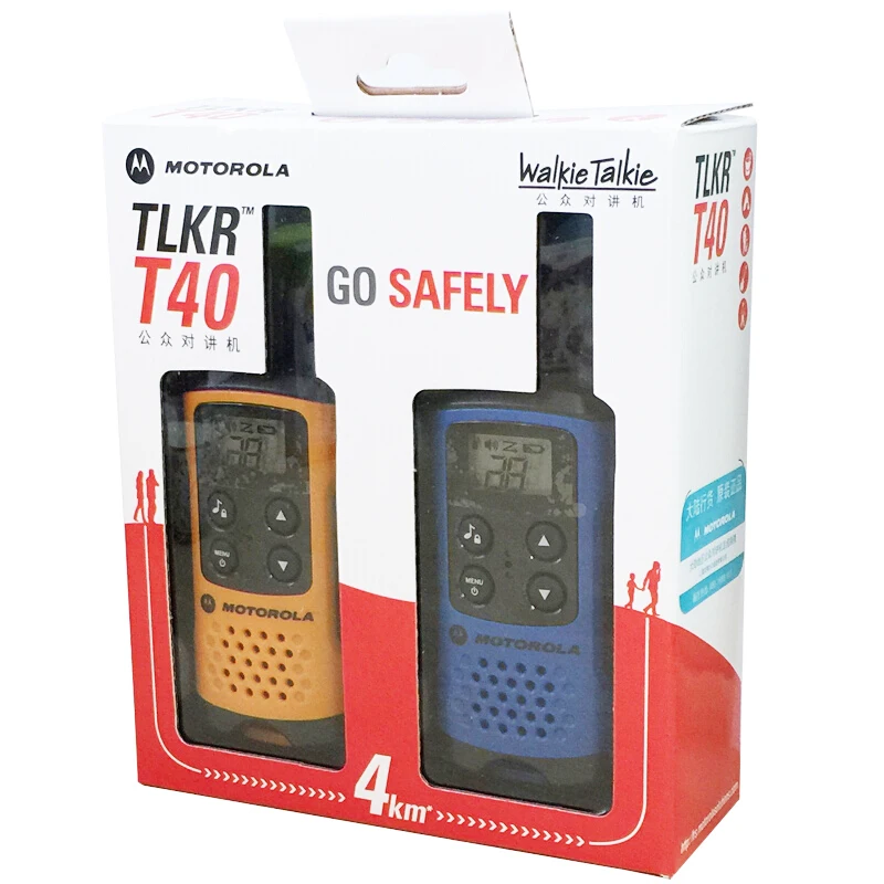 Motorola TLKR-T40 walkie-talkie sin licencia, pantalla LCD, 8 canales y hasta 4 km de alcance, utiliza pilas AA (sin batería)