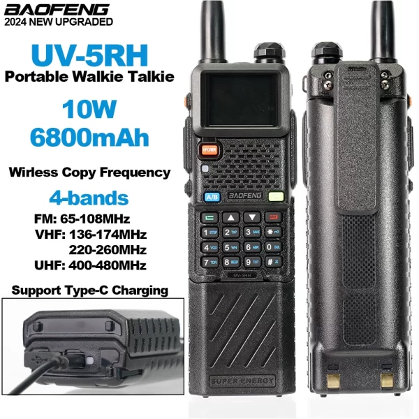HIGH QUALITY Baofeng UV-5RH Walkie Talkie New Upgraded Battery 6800mAh Type-C Charging