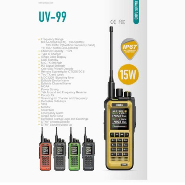 Iradio UV 99 15W Multi-Range IP67 Waterproof Dual Standby Walkie Talkie 1024 Channels - Image 3
