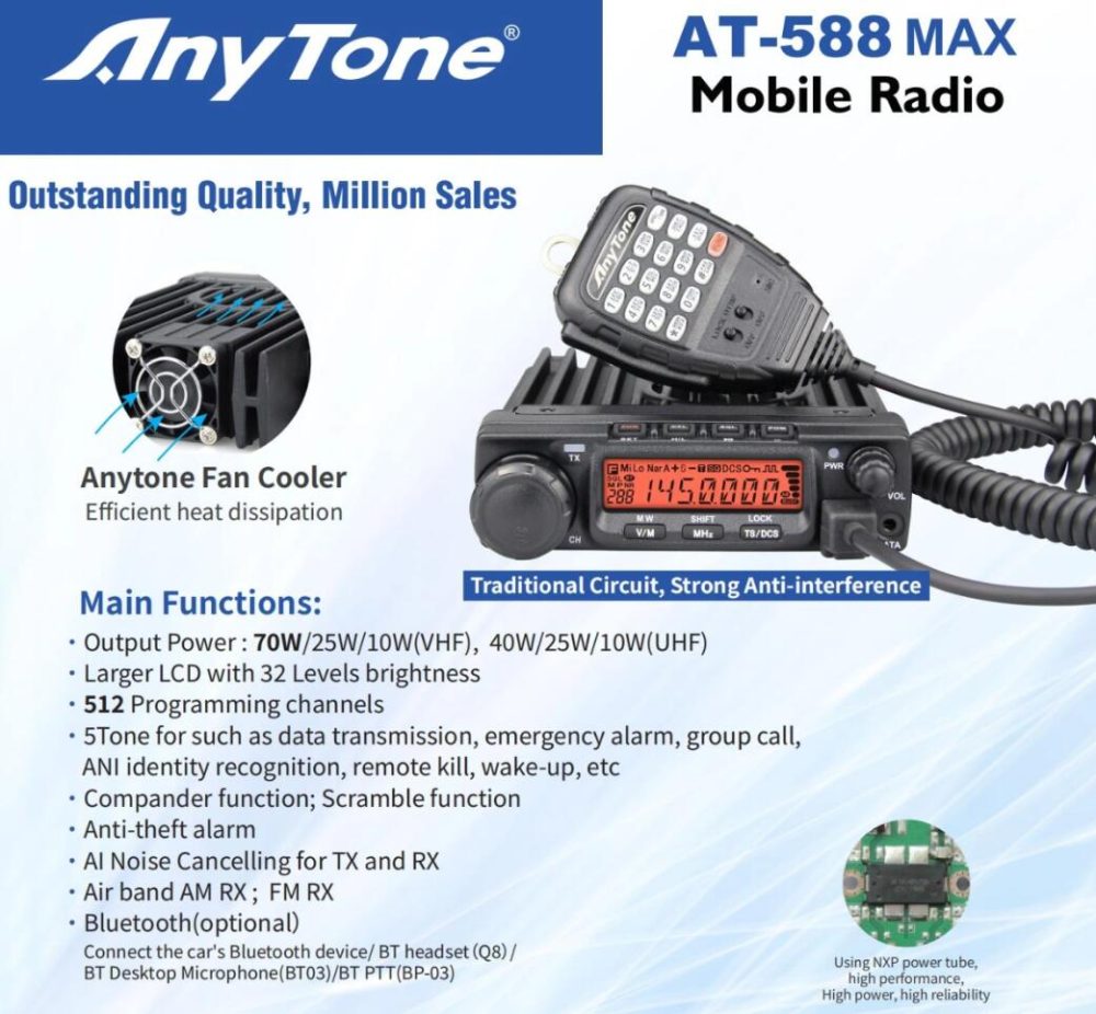 Anytone AT-588Max Mobile Radio 70W Dual Band Bluetooth Connectivity Air Band NRC 512 Channels - Image 2