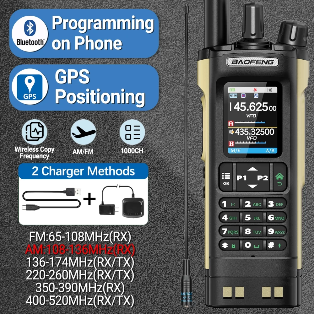 New BAOFENG UV-32 GPS Walkie Talkie Bluetooth Phone APP Programming 1000CH Multi Band Type-C Long Range Upgraded UV-5R Ham Radio