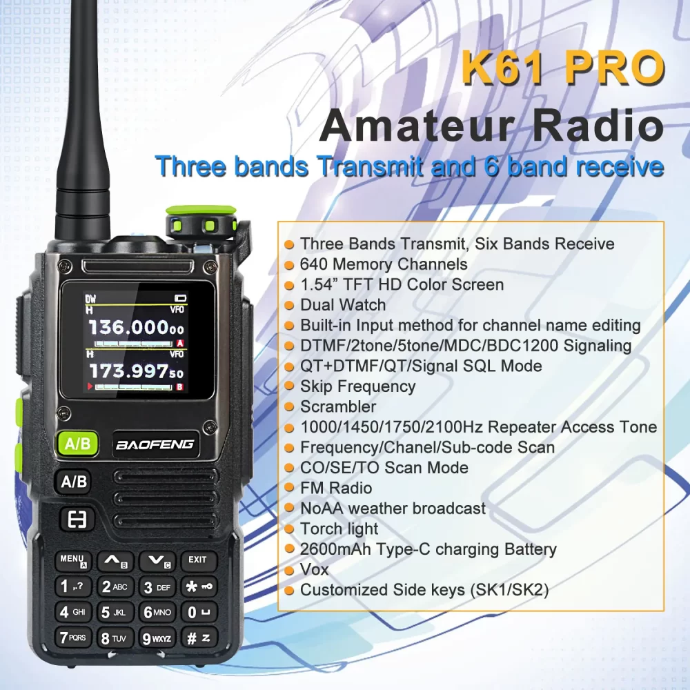 Baofeng K61 PRO K61Pro Multi-band FM Dual Watch Scramble Skip Frequency Air Band Two Way Radio with earphone 2600mah
