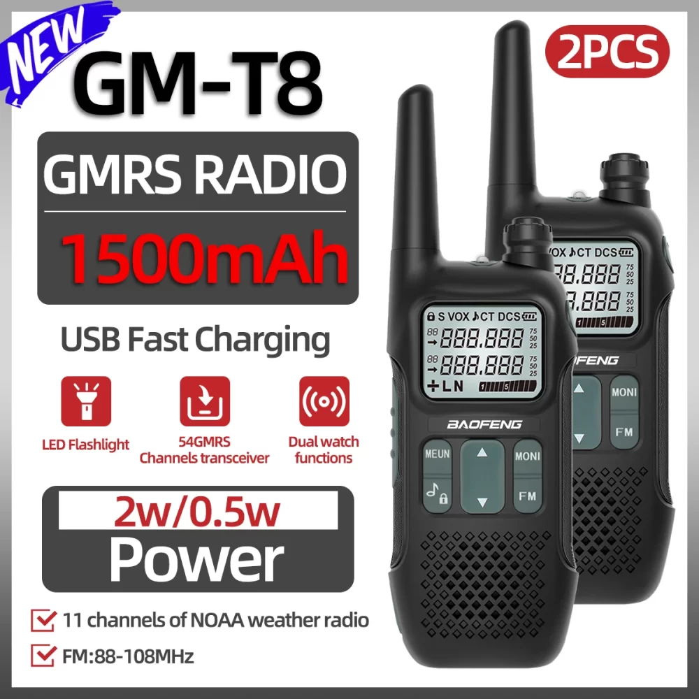 Baofeng GMRS GM-T8 Walkie Talkies NOAA Long Range Rechargable Portable Radio USB Charger for Camping Trip