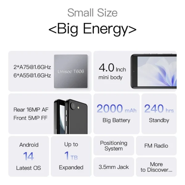 UNIWA Phonemax Q9 Mini Unisoc T606 4G Smartphone 4 Inch QHD 4GB RAM 64GB ROM Mobile Phone Android 14 2000mAh Small Phone Face ID - Image 3
