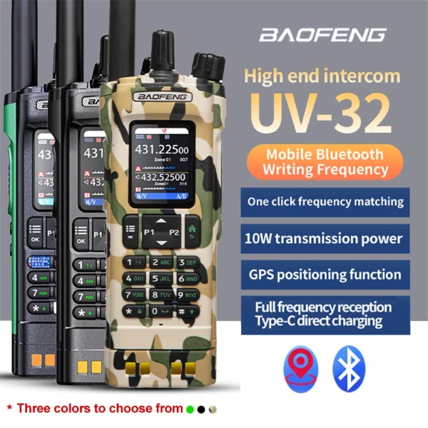 Camouflage BAOFENG UV32 GPS 10W Multi Band Programming Wireless Copy Frequency NOAA Long Range Camping UV-32 Handheld Walkie Talkie